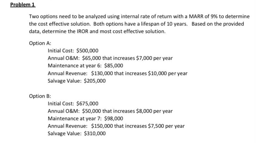 Problem 1
Two options need to be analyzed using internal rate of return with a MARR of 9% to determine
the cost effective solution. Both options have a lifespan of 10 years. Based on the provided
data, determine the IROR and most cost effective solution.
Option A:
Initial Cost: $500,000
Annual 0&M: $65,000 that increases $7,000 per year
Maintenance at year 6: $85,000
Annual Revenue: $130,000 that increases $10,000 per year
Salvage Value: $205,000
Option B:
Initial Cost: $675,000
Annual 0&M: $50,000 that increases $8,000 per year
Maintenance at year 7: $98,000
Annual Revenue: $150,000 that increases $7,500 per year
Salvage Value: $310,000
