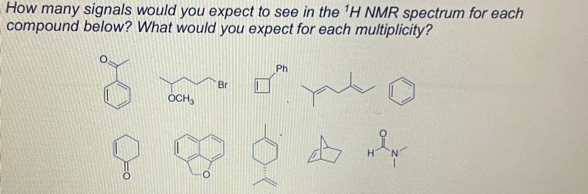 How many signals would you expect to see in the 'H NMR spectrum for each
compound below? What would you expect for each multiplicity?
Ph
Br
OCH3
