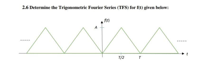 2.6 Determine the Trigonometric Fourier Series (TFS) for f(t) given below:
flt)
A
T/2
