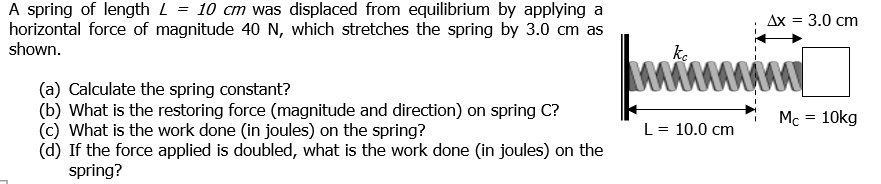 A spring of length L = 10 cm was displaced from equilibrium by applying a
horizontal force of magnitude 40 N, which stretches the spring by 3.0 cm as
shown.
b
(a) Calculate the spring constant?
(b) What is the restoring force (magnitude and direction) on spring C?
(c) What is the work done (in joules) on the spring?
(d) If the force applied is doubled, what is the work done (in joules) on the
spring?
kc
L = 10.0 cm
Ax
3.0 cm
Mc = 10kg