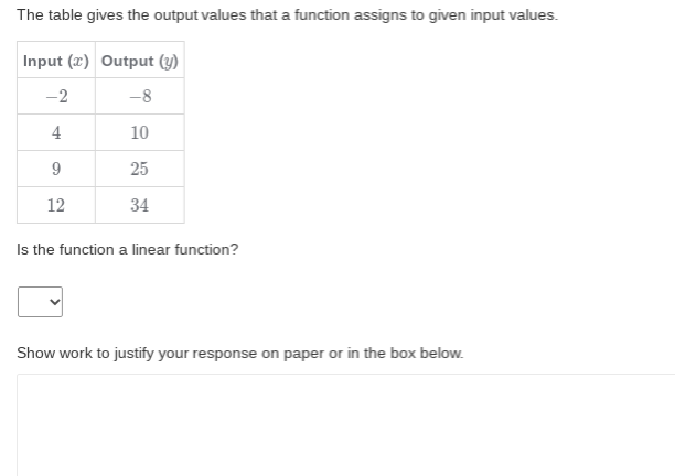 The table gives the output values that a function assigns to given input values.
Input (2) Output (y)
-2
-8
4
10
25
12
34
Is the function a linear function?
Show work to justify your response on paper or in the box below.
