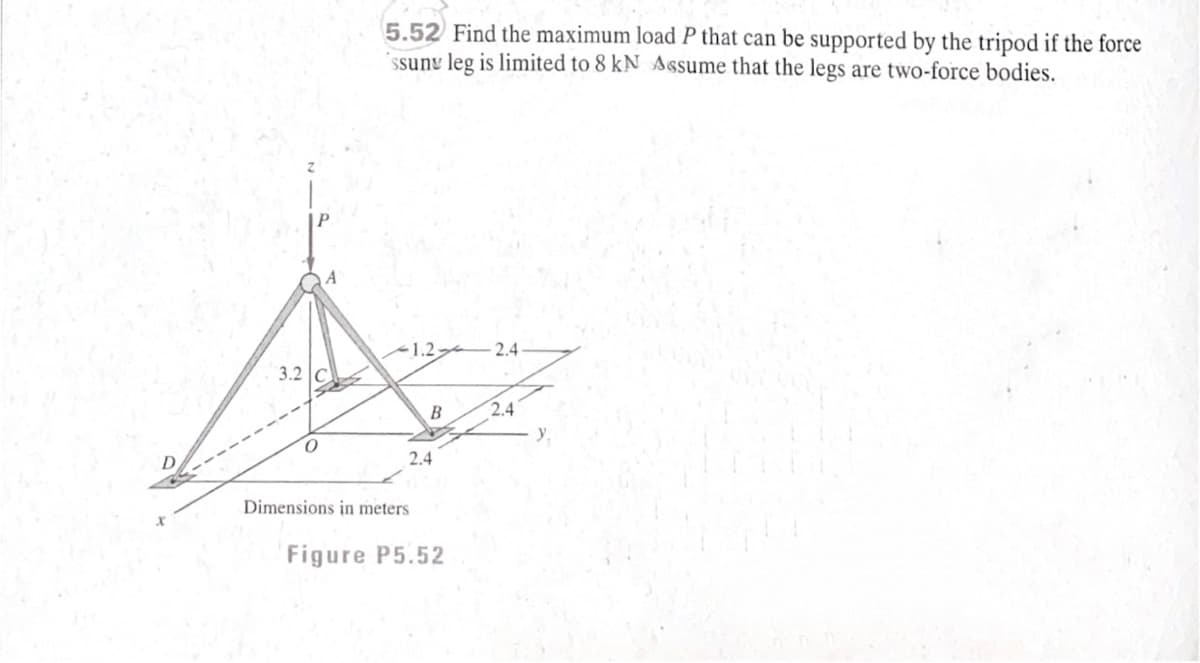 5.52 Find the maximum load P that can be supported by the tripod if the force
´ssuny leg is limited to 8 kN Assume that the legs are two-force bodies.
A
1.2
2.4
3.2 C)
B
2.4
y.
2.4
Dimensions in meters
Figure P5.52
