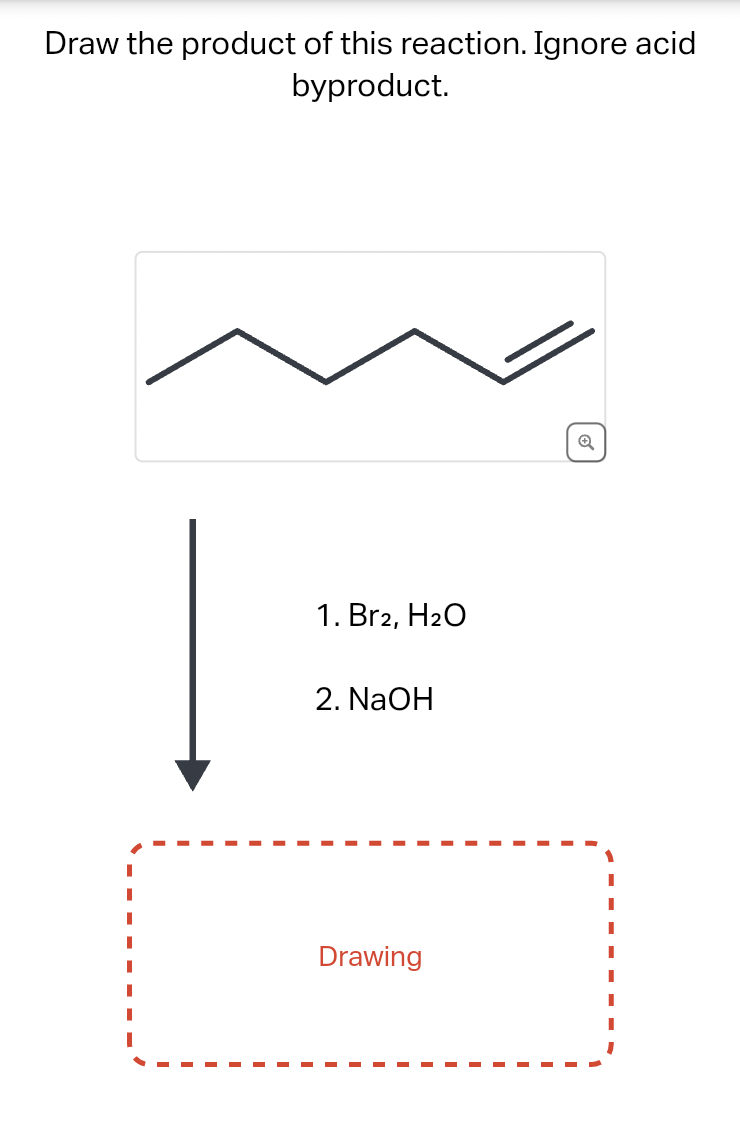 Draw the product of this reaction. Ignore acid
byproduct.
I
I
I
1. Br2, H₂O
2. NaOH
Drawing