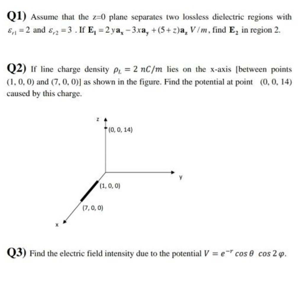 Q1) Assume that the z=0 plane separates two lossless dielectric regions with
₁ = 2 and 2 = 3 . If E₁ = 2 ya, -3xa, +(5+z)a, V/m, find E, in region 2.
Q2) If line charge density P = 2 nC/m lies on the x-axis [between points
(1, 0, 0) and (7, 0, 0)] as shown in the figure. Find the potential at point (0, 0, 14)
caused by this charge.
Z
(0, 0, 14)
(1, 0, 0)
(7,0,0)
Q3) Find the electric field intensity due to the potential V = e cos 0 cos 2 p.