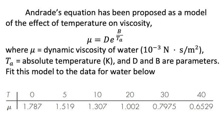 Andrade's equation has been proposed as a model
of the effect of temperature on viscosity,
B
u = De Ta
where u = dynamic viscosity of water (10-3 N · s/m²),
Ta
= absolute temperature (K), and D and B are parameters.
а
Fit this model to the data for water below
5
10
20
30
40
1.787
1.519
1.307
1.002
0.7975
0.6529
