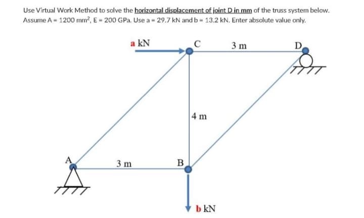 Use Virtual Work Method to solve the horizontal displacement of joint D in mm of the truss system below.
Assume A 1200 mm?, E 200 GPa. Use a = 29.7 kN and b = 13.2 kN. Enter absolute value only.
a kN
C
3 m
D
4 m
3 m
B
b kN
