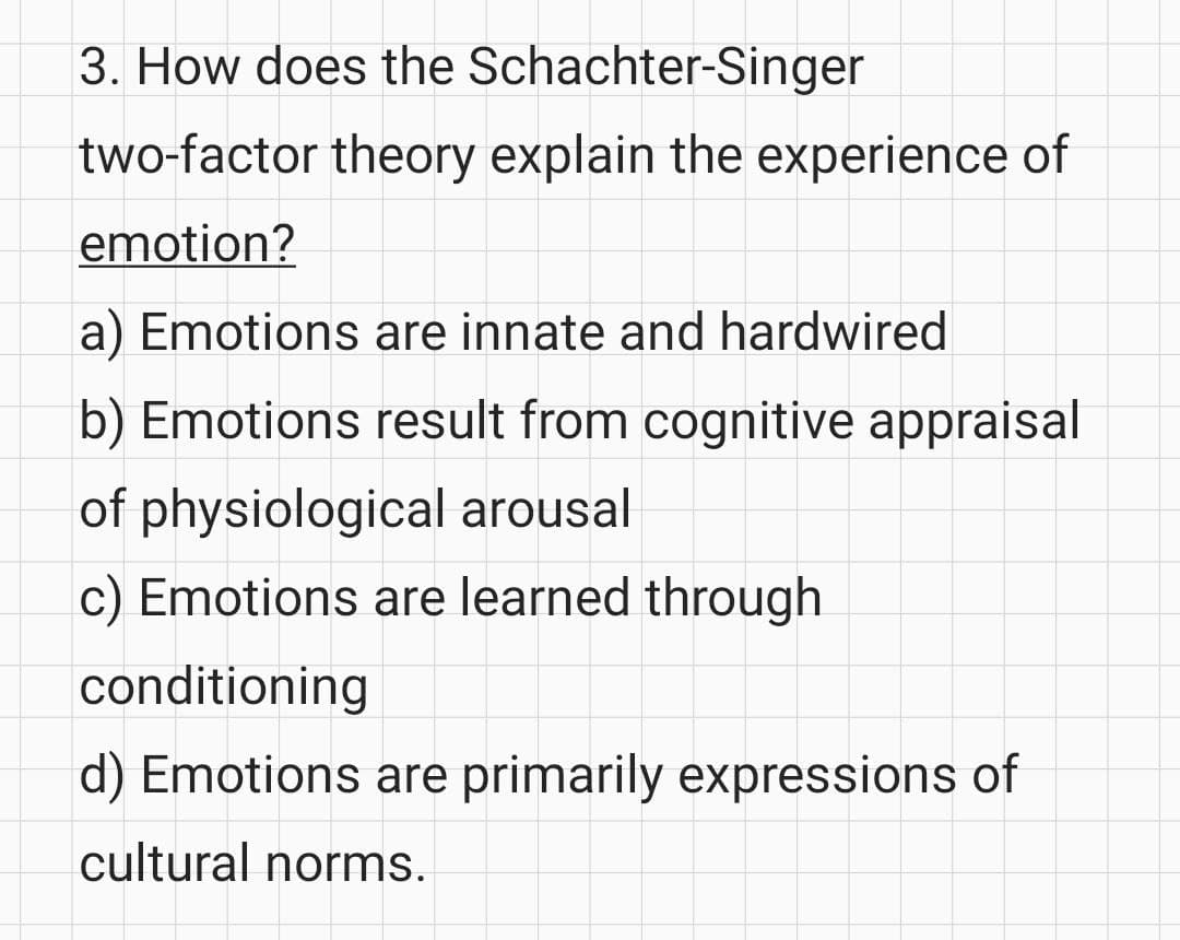3. How does the Schachter-Singer
two-factor theory explain the experience of
emotion?
a) Emotions are innate and hardwired
b) Emotions result from cognitive appraisal
of physiological arousal
c) Emotions are learned through
conditioning
d) Emotions are primarily expressions of
cultural norms.