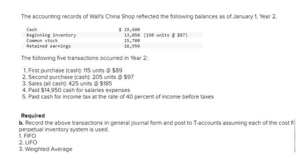 The accounting records of Wall's China Shop reflected the following balances as of January 1, Year 2.
$ 19,600
13,050 (150 units e $87)
15,700
16,950
Cash
Beginning inventory
Common stock
Retained earnings
The following five transactions occurred in Year 2:
1. First purchase (cash): 115 units @ $89
2. Second purchase (cash): 205 units @ $97
3. Sales (all cash): 425 units @ $185
4. Paid $14,950 cash for salaries expenses
5. Paid cash for income tax at the rate of 40 percent of income before taxes
Required
b. Record the above transactions in general journal form and post to T-accounts assuming each of the cost fl
perpetual inventory system is used.
1. FIFO
2. LIFO
3. Weighted Average
