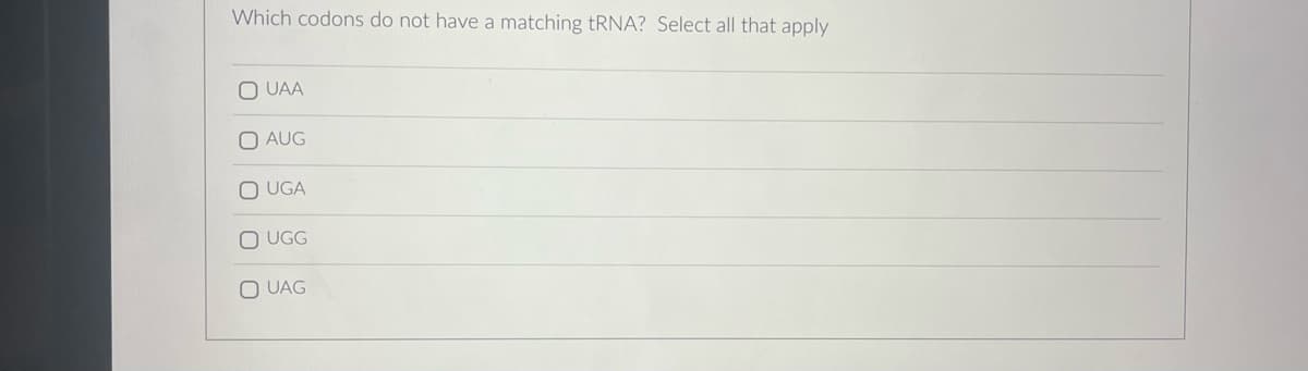 Which codons do not have a matching tRNA? Select all that apply
O UAA
O AUG
O UGA
UGG
OUAG