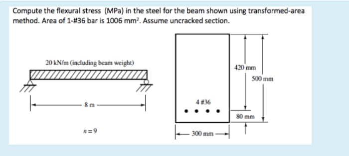 Compute the flexural stress (MPa) in the steel for the beam shown using transformed-area
method. Area of 1-#36 bar is 1006 mm?. Assume uncracked section.
20 kN/m (including beam weight)
420 mm
500 mm
4 #36
8 m -
80 mm
n=9
300 mm
