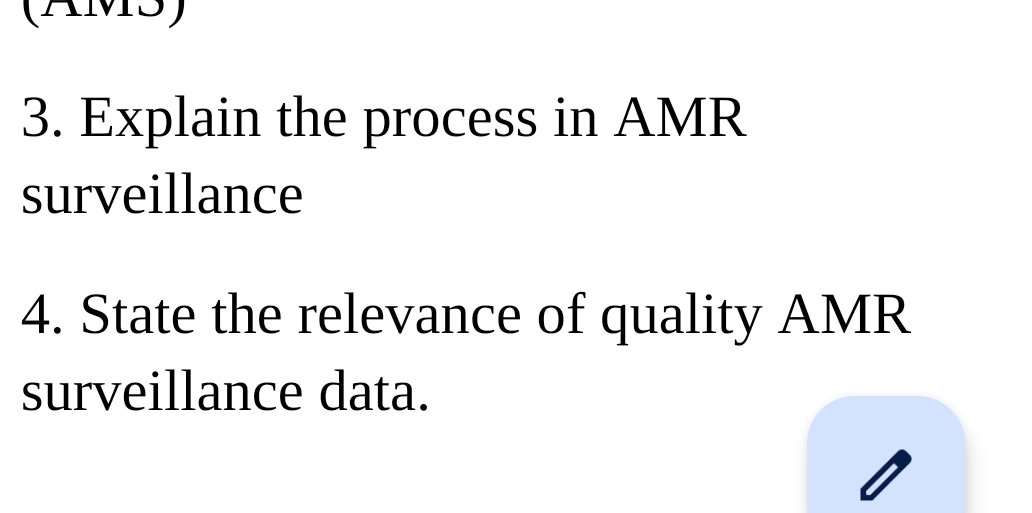 3. Explain the process in AMR
surveillance
4. State the relevance of quality AMR
surveillance data.

