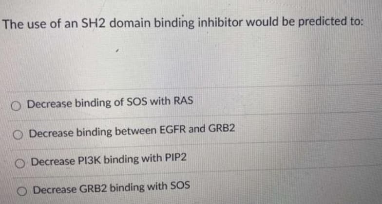 The use of an SH2 domain binding inhibitor would be predicted to:
O Decrease binding of SOS with RAS
O Decrease binding between EGFR and GRB2
O Decrease PI3K binding with PIP2
O Decrease GRB2 binding with SOS
