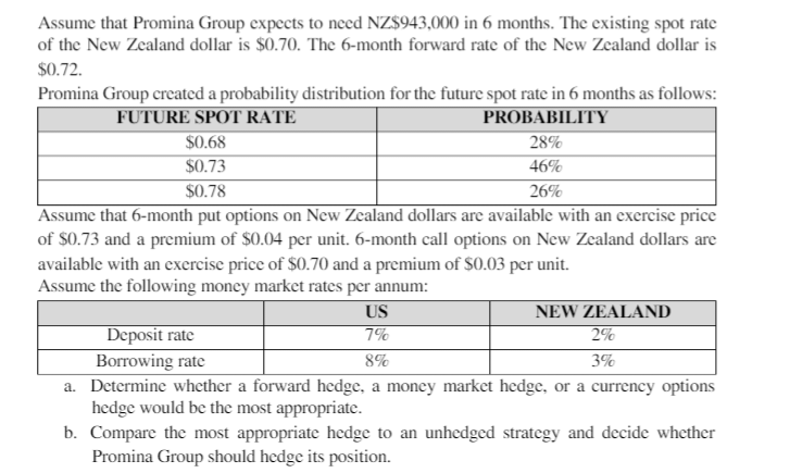 Assume that Promina Group expects to need NZ$943,000 in 6 months. The existing spot rate
of the New Zealand dollar is $0.70. The 6-month forward rate of the New Zealand dollar is
$0.72.
Promina Group created a probability distribution for the future spot rate in 6 months as follows:
FUTURE SPOT RATE
PROBABILITY
28%
46%
26%
$0.68
$0.73
$0.78
Assume that 6-month put options on New Zealand dollars are available with an exercise price
of $0.73 and a premium of $0.04 per unit. 6-month call options on New Zealand dollars are
available with an exercise price of $0.70 and a premium of $0.03 per unit.
Assume the following money market rates per annum:
US
Deposit rate
7%
Borrowing rate
8%
Determine whether a forward hedge, a money market hedge, or a currency options
hedge would be the most appropriate.
NEW ZEALAND
2%
3%
a.
b. Compare the most appropriate hedge to an unhedged strategy and decide whether
Promina Group should hedge its position.