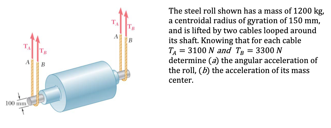 The steel roll shown has a mass of 1200 kg,
a centroidal radius of gyration of 150 mm,
and is lifted by two cables looped around
its shaft. Knowing that for each cable
= 3100 N and TR = 3300 N
TA
TB
A
В
TA
determine (a) the angular acceleration of
the roll, (b) the acceleration of its mass
TA
TB
A
В
center.
100 mm
