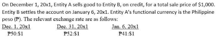 On December 1, 20x1, Entity A sells good to Entity B, on credit, for a total sale price of $1,000.
Entity B settles the account on January 6, 20x1. Entity A's functional currency is the Philippine
peso (P). The relevant exchange rate are as follows:
Dec. 1, 20x1
Dec. 31, 20x1
Jan. 6, 20x1
P50:$1
P52:$1
P41:$1
