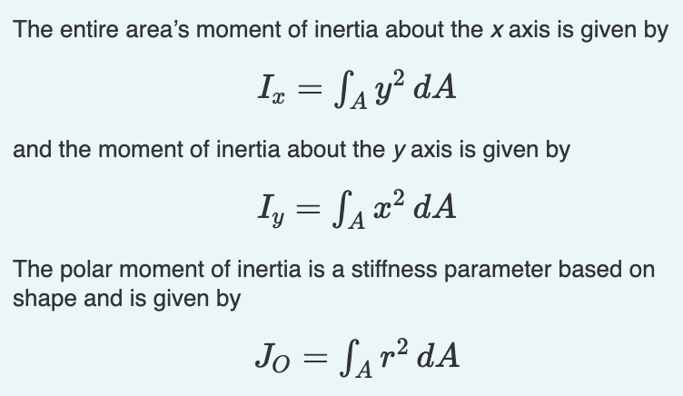 The entire area's moment of inertia about the x axis is given by
Ix = S₁ y² dA
and the moment of inertia about the y axis is given by
Iy = S₁ x² dA
A
The polar moment of inertia is a stiffness parameter based on
shape and is given by
Jo = S₁r²dA