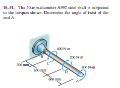 10-51. The 50-mm-diameter A992 steel shaft is subjected
to the torques shown. Determine the angle of twist of the
end A.
400 N-m
200 Nm
300 mm
600
800 N-m
бо mm
