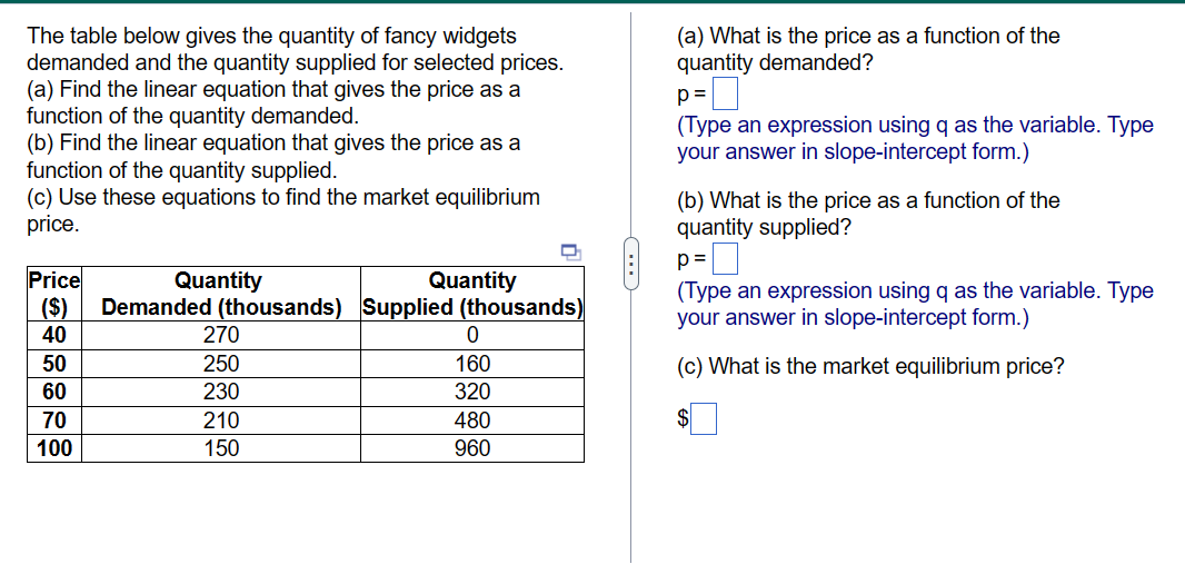 The table below gives the quantity of fancy widgets
demanded and the quantity supplied for selected prices.
(a) Find the linear equation that gives the price as a
function of the quantity demanded.
(b) Find the linear equation that gives the price as a
function of the quantity supplied.
(c) Use these equations to find the market equilibrium
price.
Price
Quantity
($) Demanded (thousands) Supplied (thousands)
40
50
60
70
100
Quantity
270
250
230
210
150
0
160
320
480
960
C
(a) What is the price as a function of the
quantity demanded?
p=0
(Type an expression using q as the variable. Type
your answer in slope-intercept form.)
(b) What is the price as a function of the
quantity supplied?
p=
(Type an expression using q as the variable. Type
your answer in slope-intercept form.)
(c) What is the market equilibrium price?