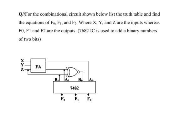 Q//For the combinational circuit shown below list the truth table and find
the equations of Fo, F1, and F2. Where X, Y, and Z are the inputs whereas
F0, F1 and F2 are the outputs. (7682 IC is used to add a binary numbers
of two bits)
Y
FA
B. A
Ba
7482
F2
F,
F.
