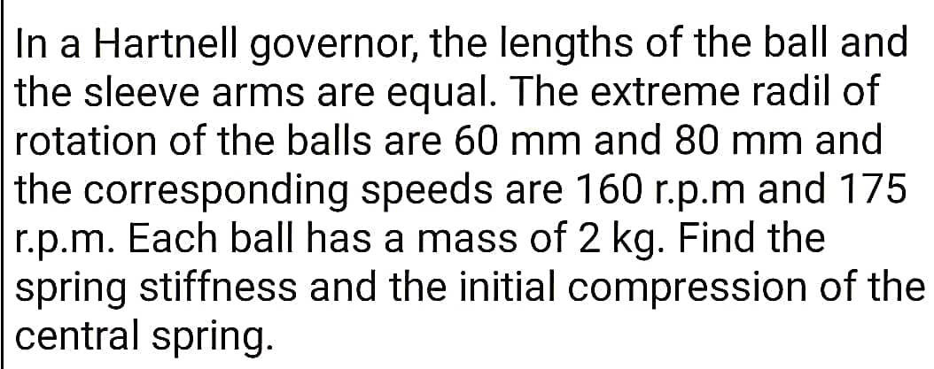 In a Hartnell governor, the lengths of the ball and
the sleeve arms are equal. The extreme radil of
rotation of the balls are 60 mm and 80 mm and
the corresponding speeds are 160 r.p.m and 175
r.p.m. Each ball has a mass of 2 kg. Find the
spring stiffness and the initial compression of the
central spring.
