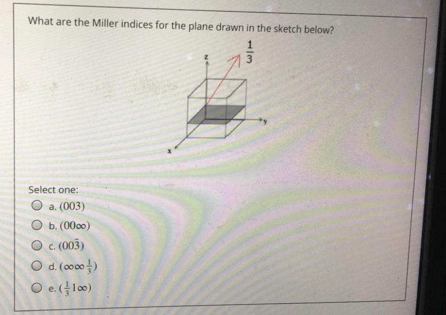 What are the Miller indices for the plane drawn in the sketch below?
Select one:
O a. (003)
O b. (0000)
O c. (003)
O d. (c000)
O e. (100)
1/3
