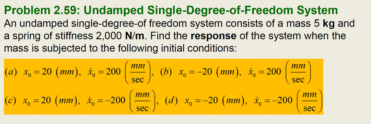 System
Problem 2.59: Undamped Single-Degree-of-Freedom
An undamped single-degree-of freedom system consists of a mass 5 kg and
a spring of stiffness 2,000 N/m. Find the response of the system when the
mass is subjected to the following initial conditions:
(a) x₁ = 20 (mm), x=200
(b) x = −20 (mm), x = 200
(c) x₂ = 20 (mm), x=-200
(d) x = −20 (mm), x=-200
mm
sec
mm
sec
mm
sec
mm
sec