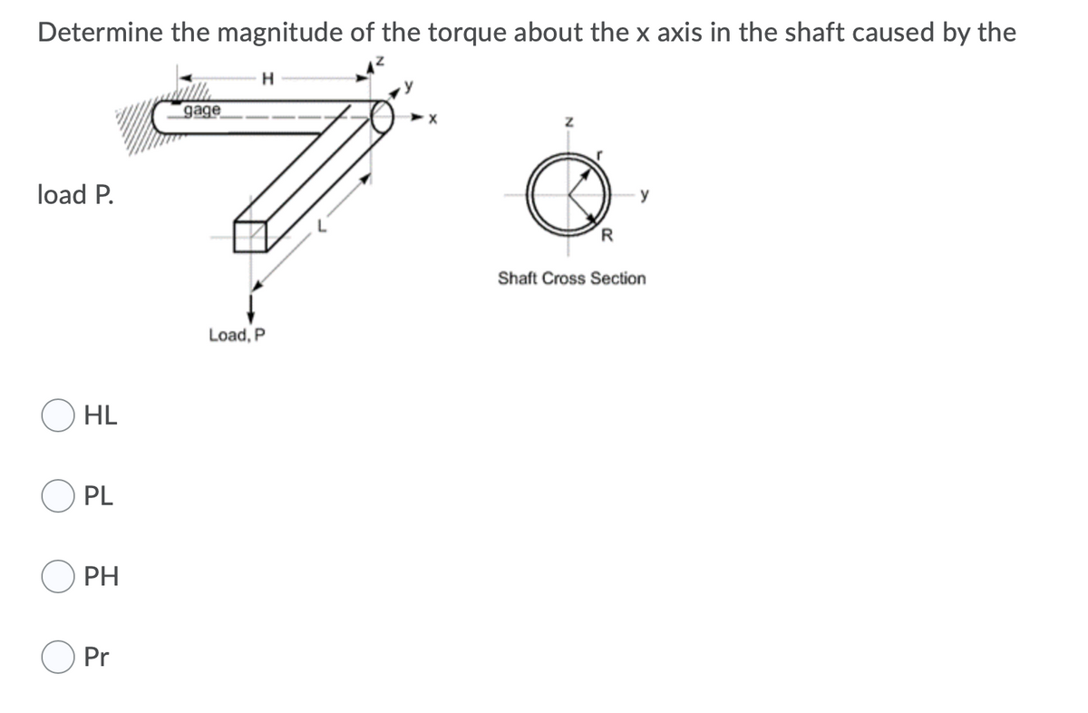 Determine the magnitude of the torque about the x axis in the shaft caused by the
gage
load P.
Shaft Cross Section
Load, P
HL
PL
PH
Pr
