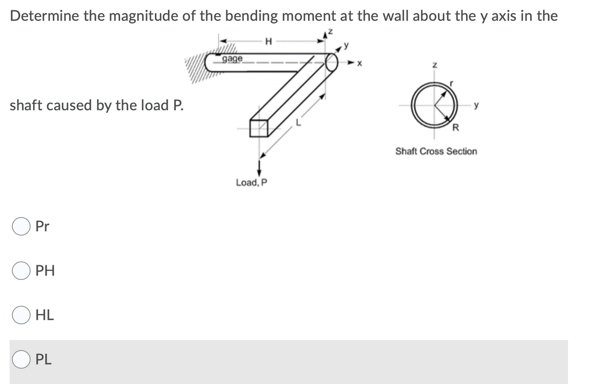Determine the magnitude of the bending moment at the wall about the y axis in the
gage
shaft caused by the load P.
R
Shaft Cross Section
Load, P
Pr
PH
HL
PL

