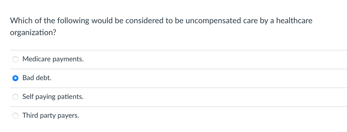 Which of the following would be considered to be uncompensated care by a healthcare
organization?
Medicare payments.
Bad debt.
Self paying patients.
Third party payers.