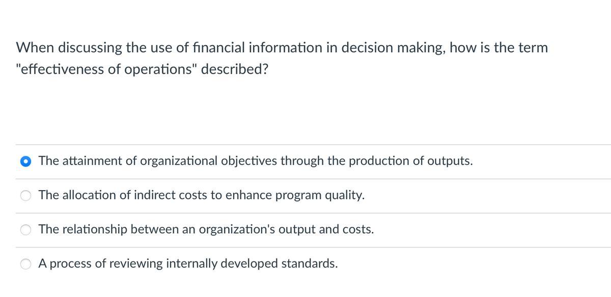 When discussing the use of financial information in decision making, how is the term
"effectiveness of operations" described?
The attainment of organizational objectives through the production of outputs.
The allocation of indirect costs to enhance program quality.
The relationship between an organization's output and costs.
A process of reviewing internally developed standards.