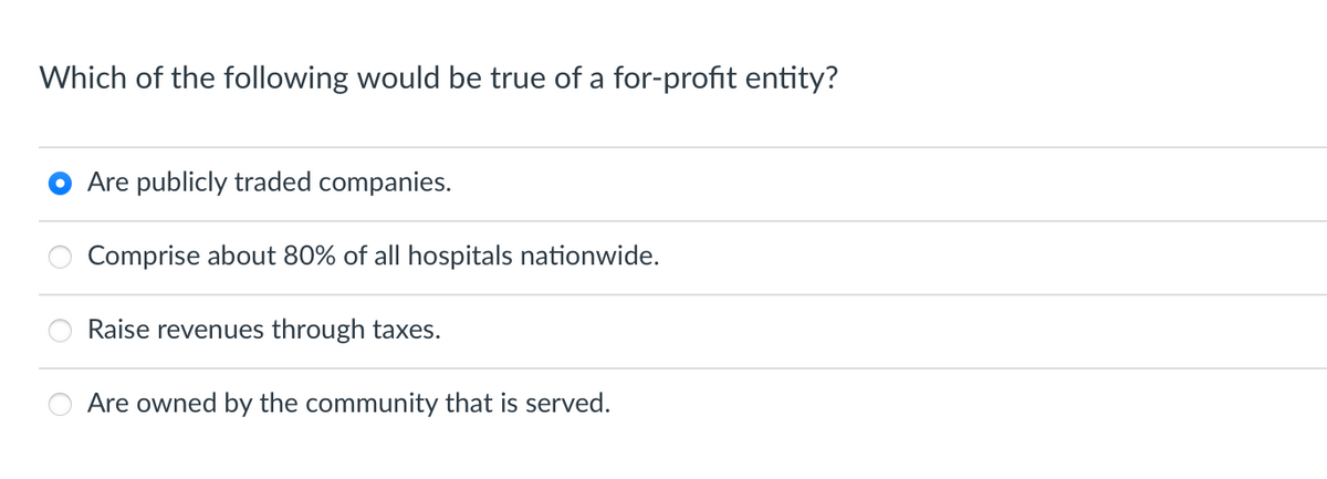 Which of the following would be true of a for-profit entity?
Are publicly traded companies.
Comprise about 80% of all hospitals nationwide.
Raise revenues through taxes.
Are owned by the community that is served.