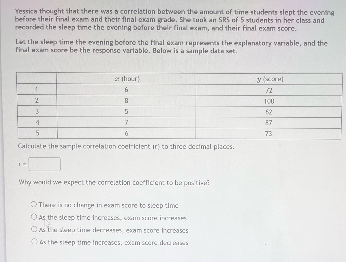 Yessica thought that there was a correlation between the amount of time students slept the evening
before their final exam and their final exam grade. She took an SRS of 5 students in her class and
recorded the sleep time the evening before their final exam, and their final exam score.
Let the sleep time the evening before the final exam represents the explanatory variable, and the
final exam score be the response variable. Below is a sample data set.
1
2
r =
x (hour)
6
8
5
7
6
3
4
5
Calculate the sample correlation coefficient (r) to three decimal places.
Why would we expect the correlation coefficient to be positive?
O There is no change in exam score to sleep time
O As the sleep time increases, exam score increases
As the sleep time decreases, exam score increases
As the sleep time increases, exam score decreases
y (score)
72
100
62
87
73