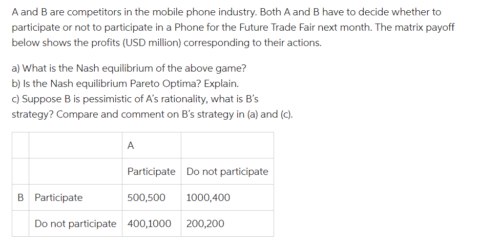 A and B are competitors in the mobile phone industry. Both A and B have to decide whether to
participate or not to participate in a Phone for the Future Trade Fair next month. The matrix payoff
below shows the profits (USD million) corresponding to their actions.
a) What is the Nash equilibrium of the above game?
b) Is the Nash equilibrium Pareto Optima? Explain.
c) Suppose B is pessimistic of A's rationality, what is B's
strategy? Compare and comment on B's strategy in (a) and (c).
A
Participate Do not participate
B Participate
Do not participate 400,1000 200,200
500,500
1000,400