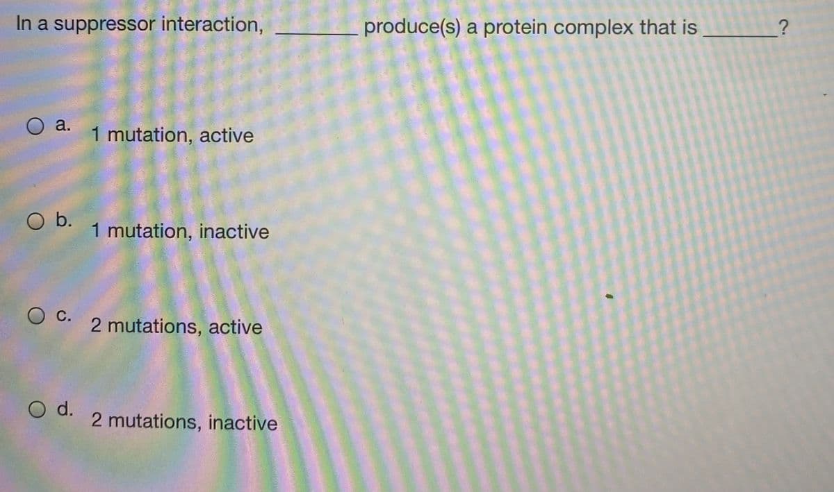 In a suppressor interaction,
produce(s) a protein complex that is
O a.
1 mutation, active
b.
1 mutation, inactive
С.
2 mutations, active
d.
2 mutations, inactive
