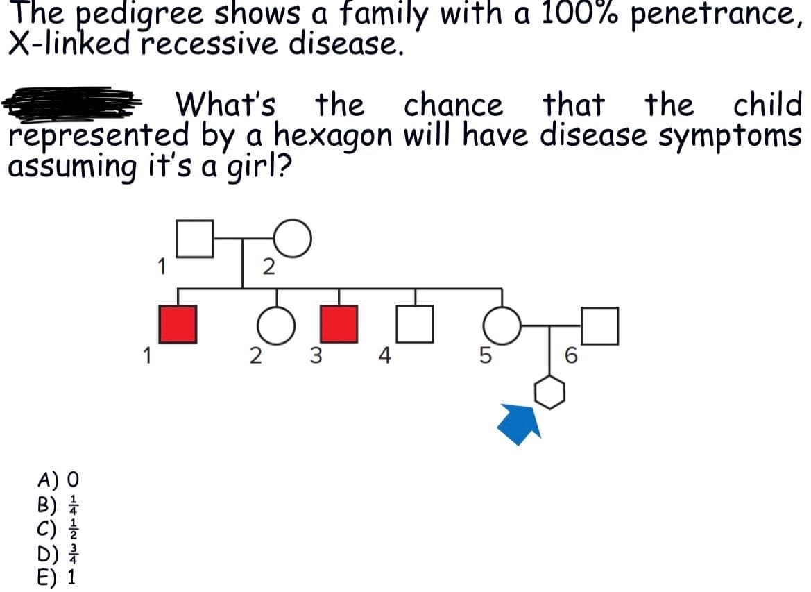 The pedigree shows a family with a 100% penetrance,
X-linked recessive disease.
What's the chance that the child
represented by a hexagon will have disease symptoms
assuming it's a girl?
PRODE
OTAN /t
1
1
2
2
3
4
6