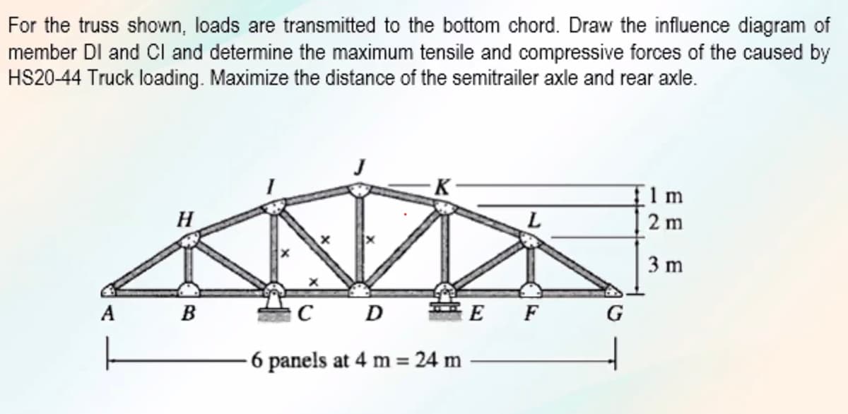 For the truss shown, loads are transmitted to the bottom chord. Draw the influence diagram of
member DI and Cl and determine the maximum tensile and compressive forces of the caused by
HS20-44 Truck loading. Maximize the distance of the semitrailer axle and rear axle.
flm
H
2 m
3 m
A
B
C D
E E F
6 panels at 4 m =
= 24 m
