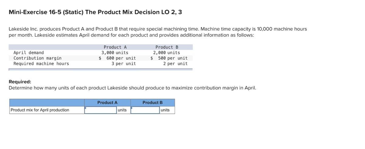 Mini-Exercise 16-5 (Static) The Product Mix Decision LO 2, 3
Lakeside Inc. produces Product A and Product B that require special machining time. Machine time capacity is 10,000 machine hours
per month. Lakeside estimates April demand for each product and provides additional information as follows:
April demand
Contribution margin
Required machine hours.
Product A
3,000 units
$600 per unit
3 per unit
Product mix for April production
Required:
Determine how many units of each product Lakeside should produce to maximize contribution margin in April.
Product A
Product B
2,000 units
$500 per unit
2 per unit
units
Product B
units
