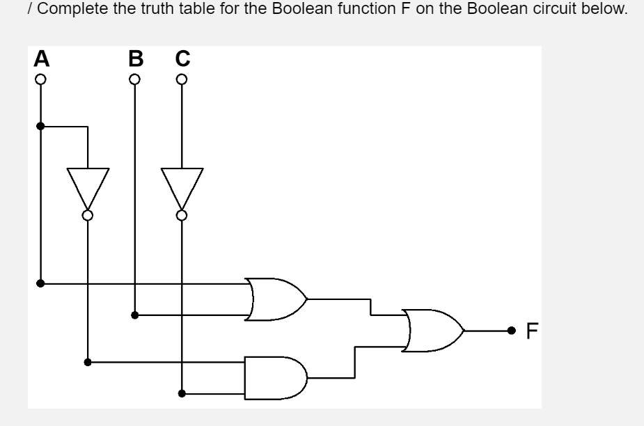 / Complete the truth table for the Boolean function F on the Boolean circuit below.
A
в с
•F