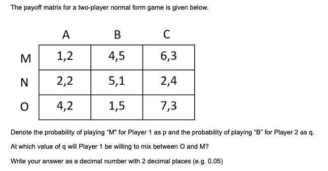 The payoff matrix for a two-player normal form game is given below.
M
N
O
A
1,2
2,2
4,2
B
4,5
5,1
1,5
C
6,3
2,4
7,3
Denote the probability of playing "M" for Player 1 as p and the probability of playing "B" for Player 2 as q.
At which value of q will Player 1 be willing to mix between O and M?
Write your answer as a decimal number with 2 decimal places (e.g. 0.05)
