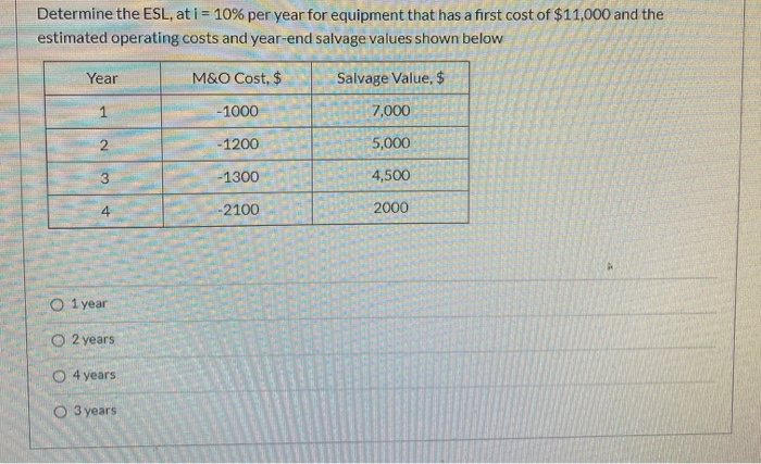 Determine the ESL, at i = 10% per year for equipment that has a first cost of $11,000 and the
estimated operating costs and year-end salvage values shown below
M&O Cost, $
Salvage Value, $
Year
1
2
4
O 1 year
O2 years
O4 years
O 3 years
-1000
-1200
-1300
-2100
7,000
5,000
4,500
2000