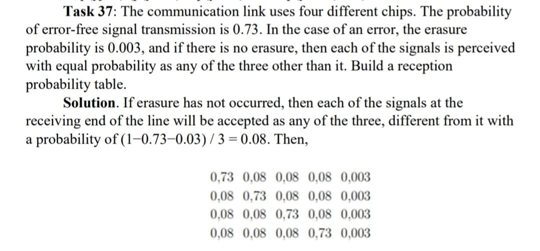 Task 37: The communication link uses four different chips. The probability
of error-free signal transmission is 0.73. In the case of an error, the erasure
probability is 0.003, and if there is no erasure, then each of the signals is perceived
with equal probability as any of the three other than it. Build a reception
probability table.
Solution. If erasure has not occurred, then each of the signals at the
receiving end of the line will be accepted as any of the three, different from it with
a probability of (1-0.73-0.03)/3 = 0.08. Then,
0,73 0,08 0,08 0,08 0,003
0,08 0,73 0,08 0,08 0,003
0,08 0,08 0,73 0,08 0,003
0,08 0,08 0,08 0,73 0,003