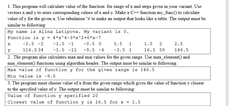 1. This program will calculate value of the function for range of x and steps given in your variant. Use
vectors x and y to store corresponding values of x and y. Make a C++ function my_func() to calculate
value of y for the given x. Use tabulation '\t' to make an output that looks like a table. The output must be
similar to following:
My name is Alina Latipova. My variant is 0.
Function is y = 4*x^4-3*x^2+6*x-7
-2.5 -2
116.5 34
-1.5 -1 -0.5 0
-1.5 -11 -9.5 -6
0.5 1
-3.5 1
1.5 2
2.5
16.5 58 146.5
X
у
2. The program also calculates max and min values for the given range. Use max_element()) and
min_element() functions using algorithm header. The output must be similar to following:
Max value of function y for the given range is 146.5
Min value is -9.5
3. The program must choose value of x from the given range which gives the value of function y closest
to the specified value of y. The output must be similar to following:
Value of function y specified 20
Closest value of function y is 16.5 for x = 1.5