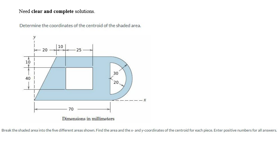 Need clear and complete solutions.
Determine the coordinates of the centroid of the shaded area.
10
40
y
20
10
|¹º|
70
25
30
20
-1x
Dimensions in millimeters
Break the shaded area into the five different areas shown. Find the area and the x- and y-coordinates of the centroid for each piece. Enter positive numbers for all answers.
