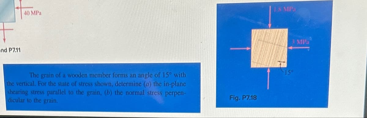 and P7.11
40 MPa
The grain of a wooden member forms an angle of 15° with
the vertical. For the state of stress shown, determine (a) the in-plane
shearing stress parallel to the grain, (b) the normal stress perpen-
dicular to the grain.
Fig. P7.18
18 MPa
15°
MP