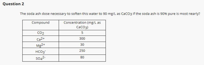 Question 2
The soda ash dose necessary to soften this water to 90 mg/L as Caco3 if the soda ash is 90% pure is most nearly?
Compound
Concentration (mg/L as
Сасоз)
CO2
5
Ca2+
300
Mg2+
30
HCO3"
250
so42-
80
