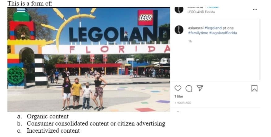 This is a form of:
LEGO
LEGOLAND
FLORIDA
a. Organic content
b. Consumer consolidated content or citizen advertising
c. Incentivized content
SidU>டன் "
LEGOLAND Florida
asiaoscai #legoland pt one
#familytime #legolandflorida
1h
1 like
1 HOUR AGO
***
B