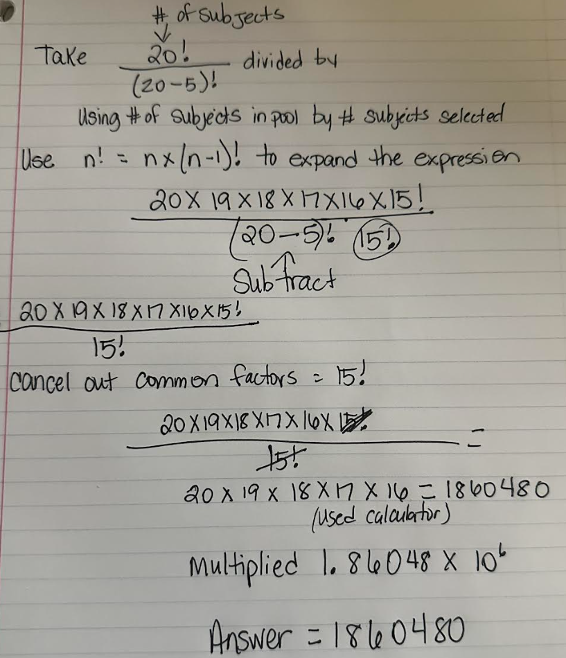 Take
# of Subjects
20!
(20-5)!
divided by
Using # of subjects in pool by # Subjects selected
Use n! = nx/n-1)! to expand the expression
20x 19 x 18 X 17X16X15!
20-56 (151)
Subtract
20X19X18X17X16X15!
15!
Cancel out common factors = 15!
20X19X18X1X16X
15+
20 x 19 x 18 X 17 X 16 = 1860480
(Used calculator)
Multiplied 1.84048 X 10²
Answer = 1860480