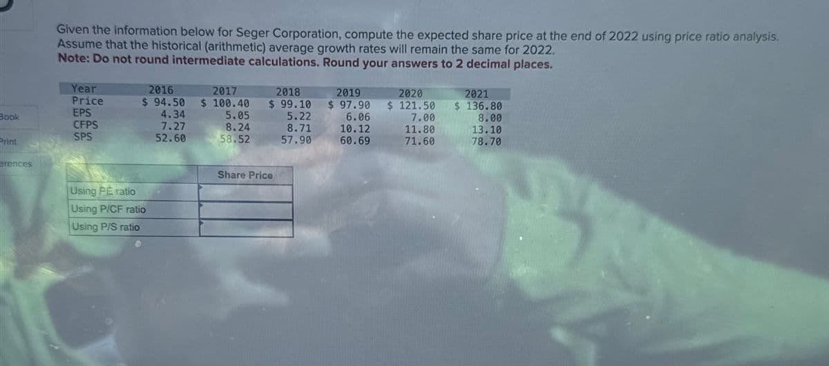 Book
Print
erences
Given the information below for Seger Corporation, compute the expected share price at the end of 2022 using price ratio analysis.
Assume that the historical (arithmetic) average growth rates will remain the same for 2022.
Note: Do not round intermediate calculations. Round your answers to 2 decimal places.
Year
Price
EPS
CFPS
SPS
2016
2017
$94.50 $ 100.40
4.34
5.05
7.27
8.24
52.60
58.52
Using PE ratio
Using P/CF ratio
Using P/S ratio
2018
2019
$99.10 $ 97.90
5.22
6.06
8.71
10.12
57.90
60.69
Share Price
2020
$ 121.50
7.00
11.80
71.60
2021
$136.80
8.00
13.10
78.70