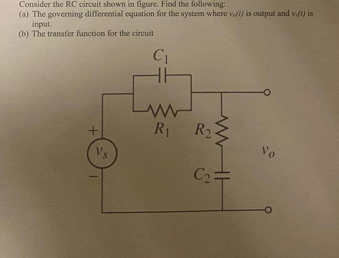 Consider the RC circuit shown in figure. Find the following:
(a) The governing differential equation for the system where vo(t) is output and vs(t) is
input.
(b) The transfer function for the circuit
+
Vs
C₁
www
R₁
R₂
C₂
HI
Vo
