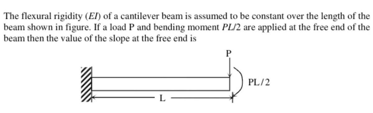 The flexural rigidity (EI) of a cantilever beam is assumed to be constant over the length of the
beam shown in figure. If a load P and bending moment PL/2 are applied at the free end of the
beam then the value of the slope at the free end is
L
P
PL/2